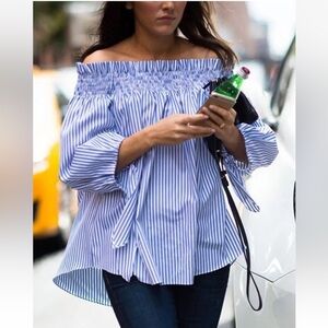 Caroline Constas LOU Off Shoulder Striped Top Blouse smocked bows long sleeve
